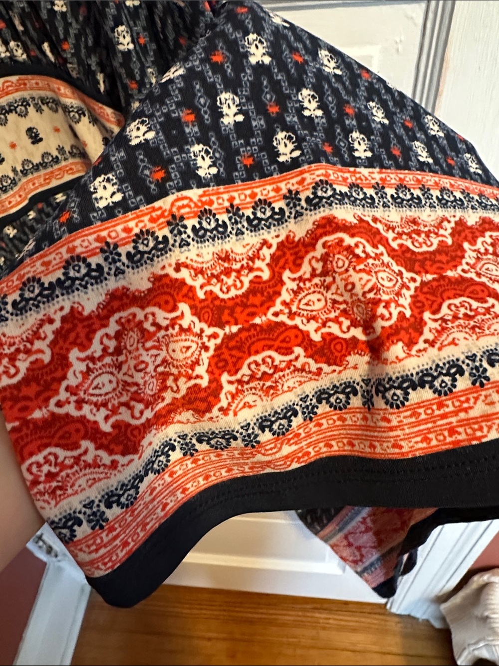 Max Studio Navy Floral Print Skirt with Coral Dots - Picture 4 of 7